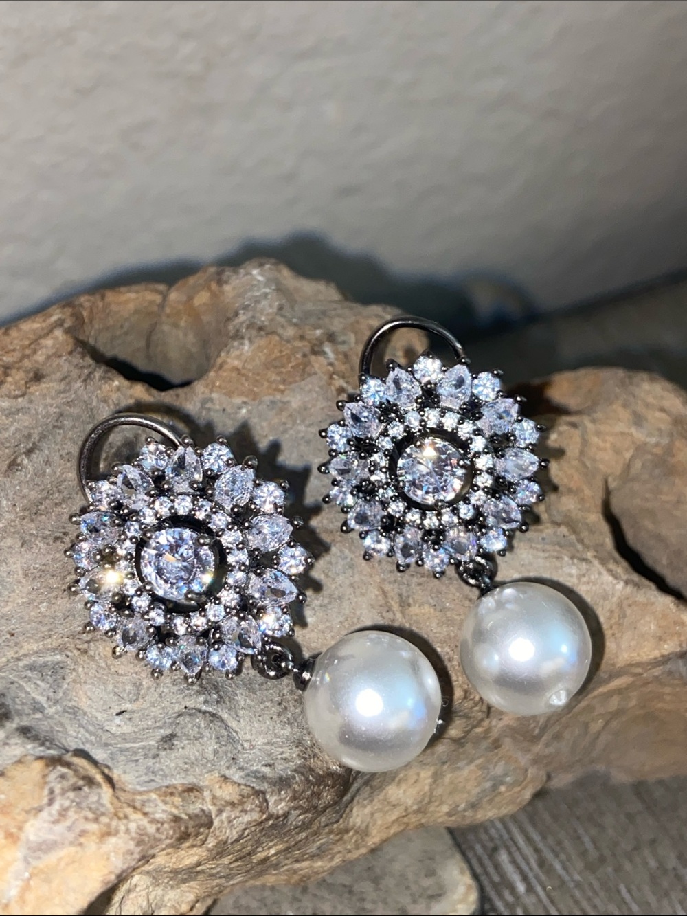 Vintage Crystal Halo Pearl Drop Lever Back Post Earrings